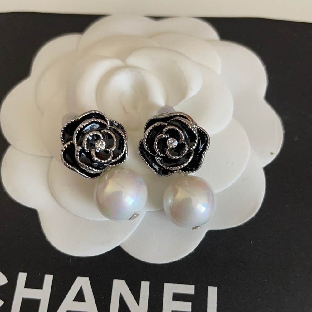Black and Silver Camellia Flower Pearl Drop Earrings